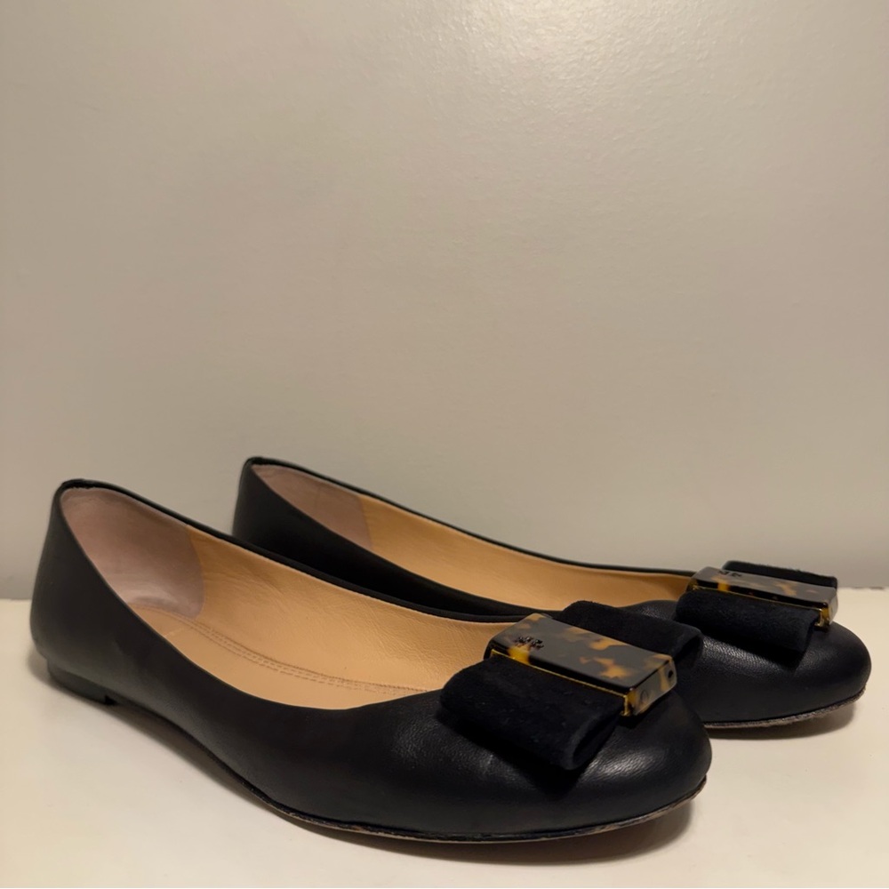 Tory Burch Chase Black Tortoise Shell Nappa Leather Womens 8 Bow Ballet Flat